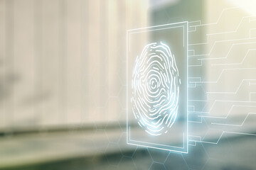 Double exposure of virtual creative fingerprint hologram on contemporary business center exterior background, protection of personal information concept