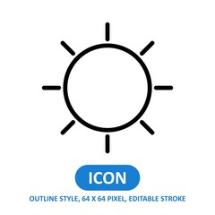 sun shine line style vector icon on white background. Weather vector illustration. Editable Stroke. 64 x 64 pixels. Simple modern design.
