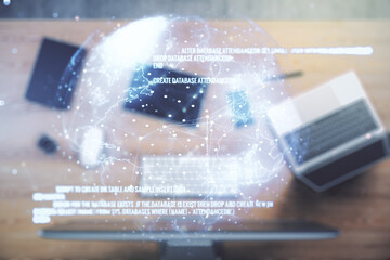 Double exposure of abstract creative programming illustration with world map on computer background, big data and blockchain concept