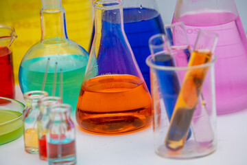 Laboratory equipment. Glass tubes, flask, erlenmeyer, beaker, petri dish, balloon and other...