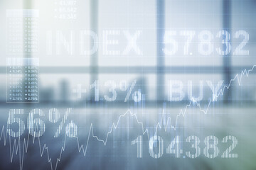 Abstract virtual financial graph hologram on modern interior background, financial and trading concept. Multiexposure