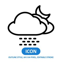 rainy cloudy night line style vector icon on white background. Weather vector illustration. Editable Stroke. 64 x 64 pixels. Simple modern design.