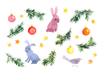 Christmas bundle set - pine branches, spruce twigs, hare animals, decorative baubles. Childish watercolor clip art for holiday xmas design