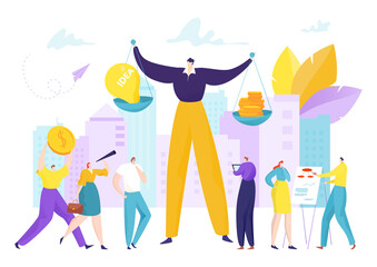 Business man with scales, idea and dollar concept, vector illustration. Man woman team flat people design, balance teamwork. Money and success market communication, finance corporate character.
