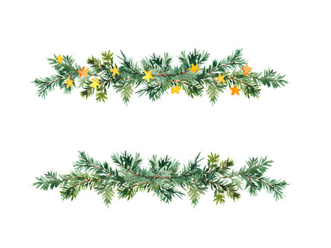 Spruce branches in decorative border. Simple Christmas tree twigs, stars. Fir, pine design