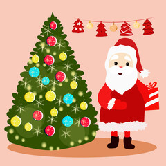 Santa Claus is holding a gift near the Christmas tree