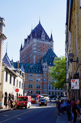 Close up or detail view of famous landmark Hotel palace chateau style architecture facade in Quebec...