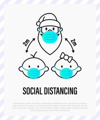 Santa Claus and children in surgical masks, social distancing. Protection from covid-19. Christmas in new normal. Thin line icon, vector illustration.