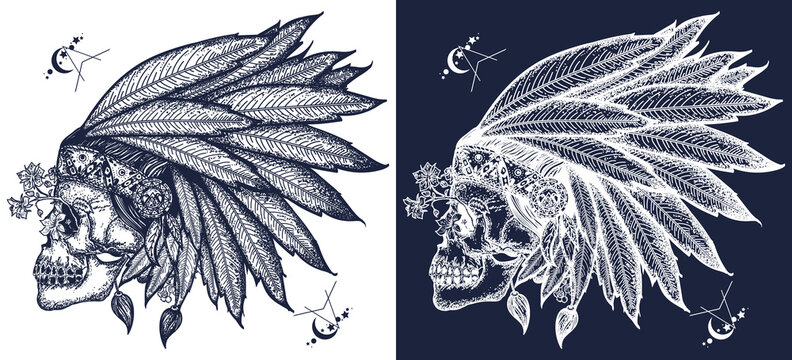Indian skull tattoo art. Warrior symbol. Native American t-shirt design. Black and white vector graphics