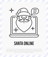 Santa Claus online, social distancing. Video call with Santa. Protection from covid-19. Christmas in new normal. Thin line icon, vector illustration.