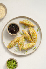 Fried dumplings Gyoza on ceramic plate, soy sauce, sesame on a grey concrete background, top view.