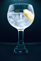 Gin and tonic cocktail with a lemon slice on black background. Alcohol, drink, ice, shallow depth of field, focus.
