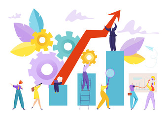 Business finance growth graph, people near recovery arrow, vector illustration. Businessman with success money investment chart. Cartoon financial graph, economy diagram profit concept.