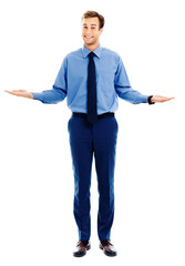 Comparison concept - businessman showing, holding or giving something on both flat hands for similar choice, isolated over white background. Copy space for some text. Full body man in blue clothing.