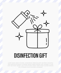 Chrismas gift desinfection by spray. Protection from covid-19. Christmas in new normal. Thin line icon, vector illustration.