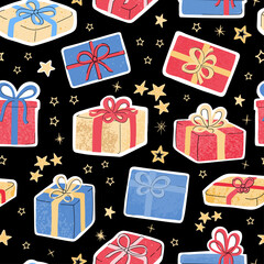 Vector modern seamless pattern with colorful hand draw illustration of christmas gifts. For wallpaper, textile print, pattern fills, web page, surface textures, wrapping paper, design of presentation