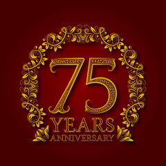 Golden emblem of seventy fifth years anniversary. Celebration patterned logotype with shadow on red.