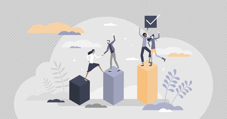 Team goals as project challenge target reaching together tiny person concept