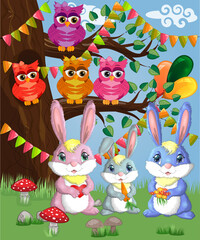 A family of three bunnies in a forest glade. Mom, dad, baby. Spring, postcard