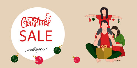 Christmas sale flyer with family and daughter on a beige background. Vector illustration banner for xmas special promotion. Design poster with lettering in circle.   