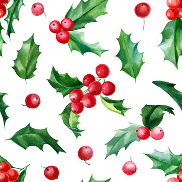 Seamless pattern, Christmas holly, watercolor hand drawn illustration, new year background