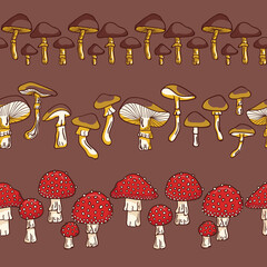 Mushrooms Season Vector Seamless Horizontal Borders Set