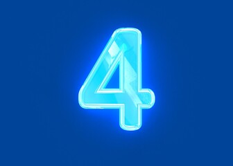 Blue shine neon light glassy transparent alphabet - number 4 isolated on dark blue, 3D illustration of symbols