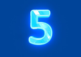 Blue shiny neon light glass made crystal font - number 5 isolated on dark blue background, 3D illustration of symbols