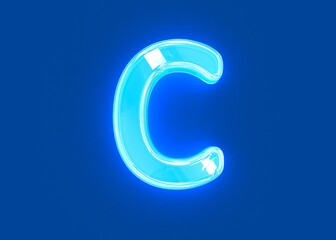 Blue shiny neon light glassy transparent alphabet - letter C isolated on dark blue background, 3D illustration of symbols