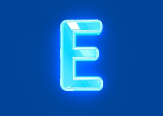 Blue polished neon light glass made crystal alphabet - letter E isolated on dark blue background, 3D illustration of symbols