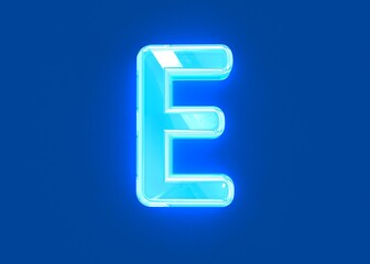 Blue polished neon light glass made crystal alphabet - letter E isolated on dark blue background, 3D illustration of symbols