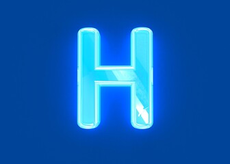 Blue shine neon light reflective crystal alphabet - letter H isolated on dark blue, 3D illustration of symbols