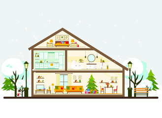 Christmas card with house, furniture, Christmas tree and Christmas decor, winter illustration in flat style