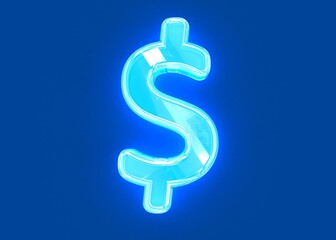 Blue shiny neon light glassy transparent font - dollar - peso sign isolated on dark blue, 3D illustration of symbols