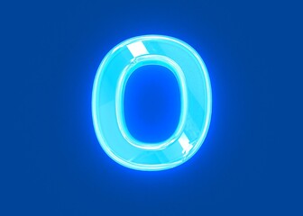Blue glossy neon light reflective clear alphabet - letter O isolated on dark blue, 3D illustration of symbols