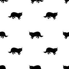 Seamless pattern black cats with green eyes on white background, vector eps 10