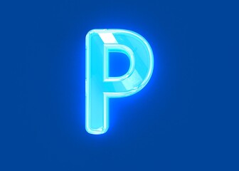 Blue polished neon light glass made crystal alphabet - letter P isolated on dark blue background, 3D illustration of symbols