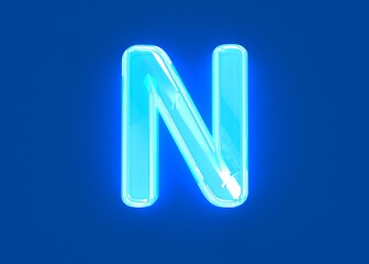 Blue shiny neon light glassy transparent font - letter N isolated on dark blue background, 3D illustration of symbols