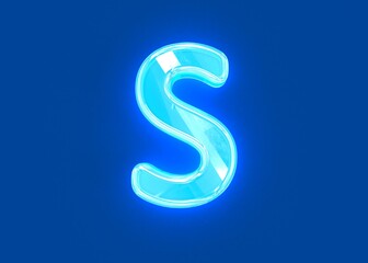 Fototapeta premium Blue shine neon light glassy transparent font - letter S isolated on dark blue, 3D illustration of symbols