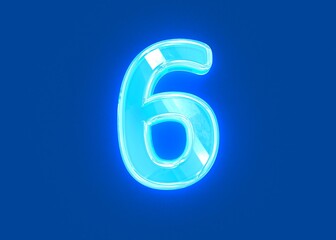 Fototapeta premium Blue glossy neon light reflective transparent font - number 6 isolated on dark blue background, 3D illustration of symbols