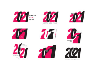 Mega set of 2021 Happy New Year logo text design. Vector number design template. Greeting card template. Collection of 2021 Christmas symbols for your design. Illustration with black and pink labels.