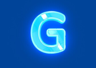Blue glossy neon light reflective transparent alphabet - letter G isolated on dark blue, 3D illustration of symbols
