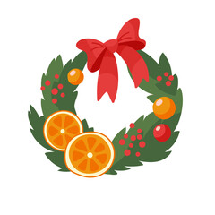 Christmas wreath made of spruce with bows, ornaments and oranges..Vector illustration in cartoon style. Isolated on white.