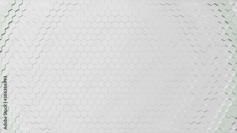 Poster movement of a wall of hexagons in waves up and down, which creates green self-luminous hexagons. abs