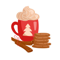 Hot chocolate, cookies, cinnamon. New Year Vector illustration in cartoon style. Isolated on white.