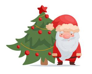 Santa Claus and Christmas tree. Vector illustration in cartoon style. Isolated on white. Christmas card