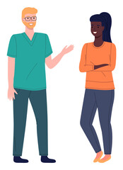 Young blond veterinarian or doctor with glasses talking to smiling girl patient or owner of pet. Medical specialist in a special uniform. Surgeon, therapist, pet doctor. Veterinary medicine concept