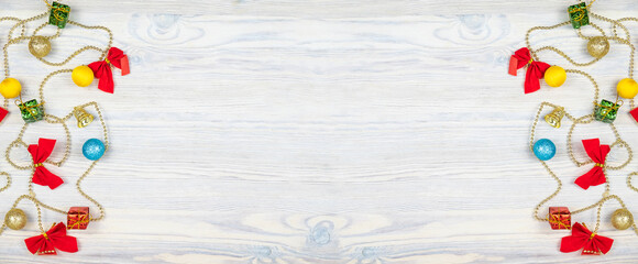 Christmas tree garland with toys and gifts. Top view, text space