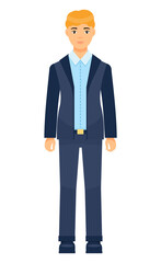 Isolated cartoon character businessman wearing stylish blue suit and tie. Man in jacket and trousers, blue shirt. Business person style. Dresscode of office worker. Blond-haired guy, cloth element