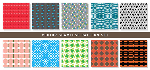 Vector seamless pattern texture background set with geometric shapes in red, black, blue, grey, white, green, yellow, orange, pink, brown colors.